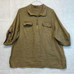 ELLEN TRACY Women’s 100% Linen Half-Zip Utility Top Olive Green Size XL Pockets
